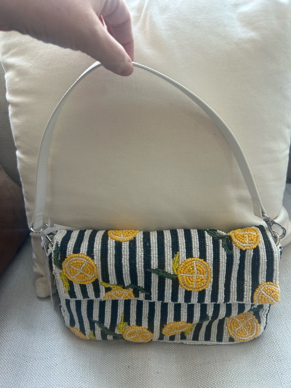 Viral Beaded Lemon Stripe Shoulder Bag - White/Black/Yellow - Picture 2 of 8